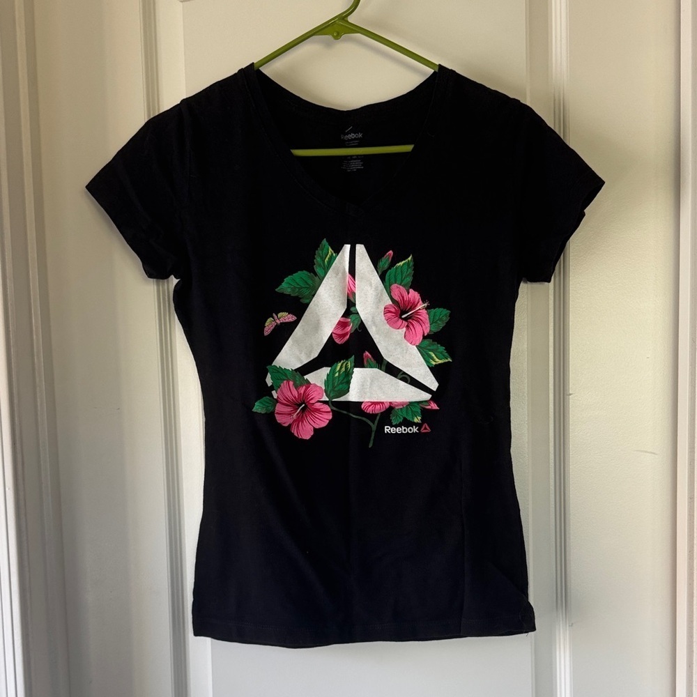 Reebok Black Tee with Pink and Green Floral Accents / M32